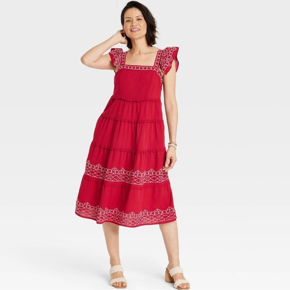 Knox Rose Red Midi Dress with White Embroidery